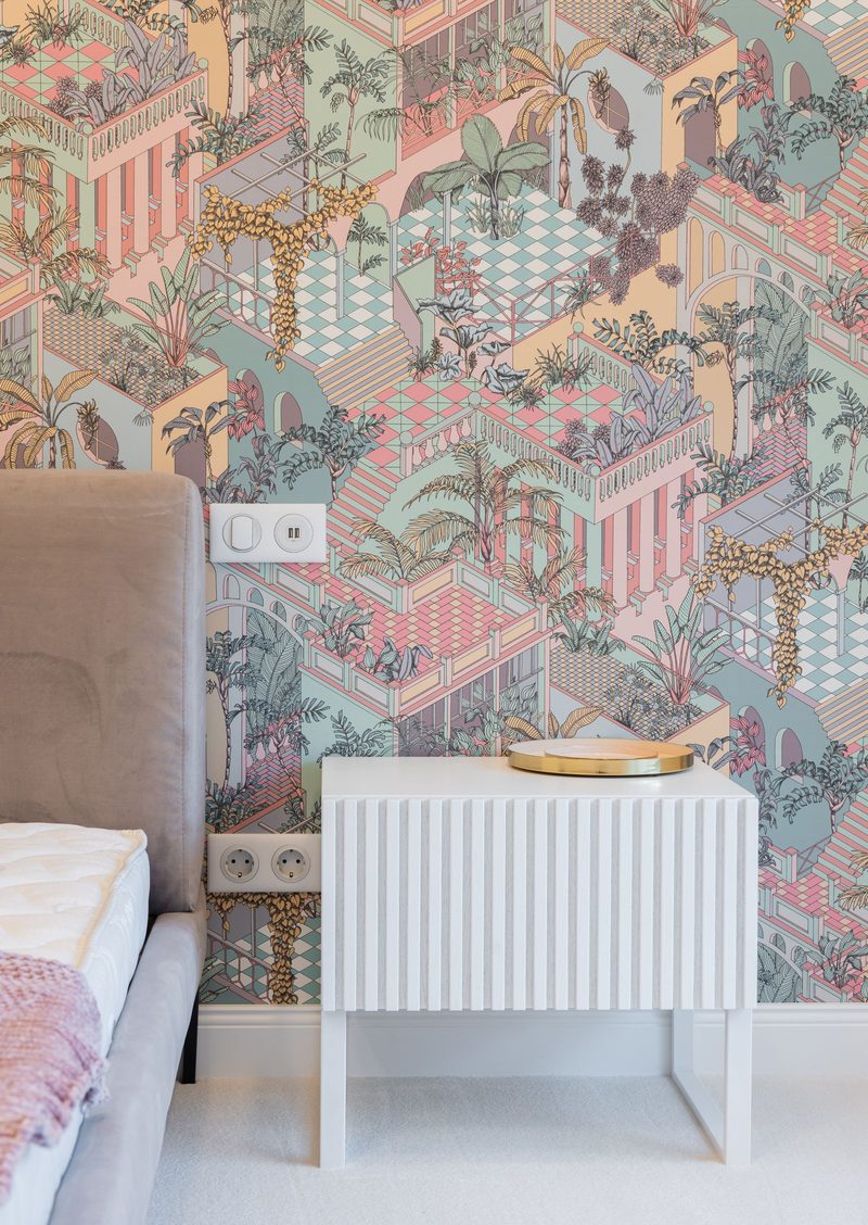Feature wall finished in a vivid designer scenic wallpaper
